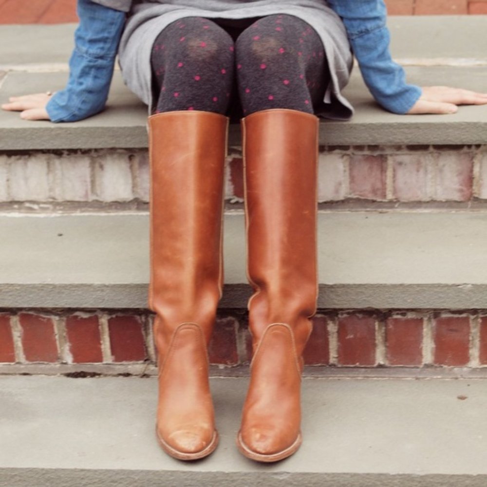 VINTAGE 1970s Frye Campus Leather Red-Brown Real Leather Braided Knee High Boot - Picture 4 of 16